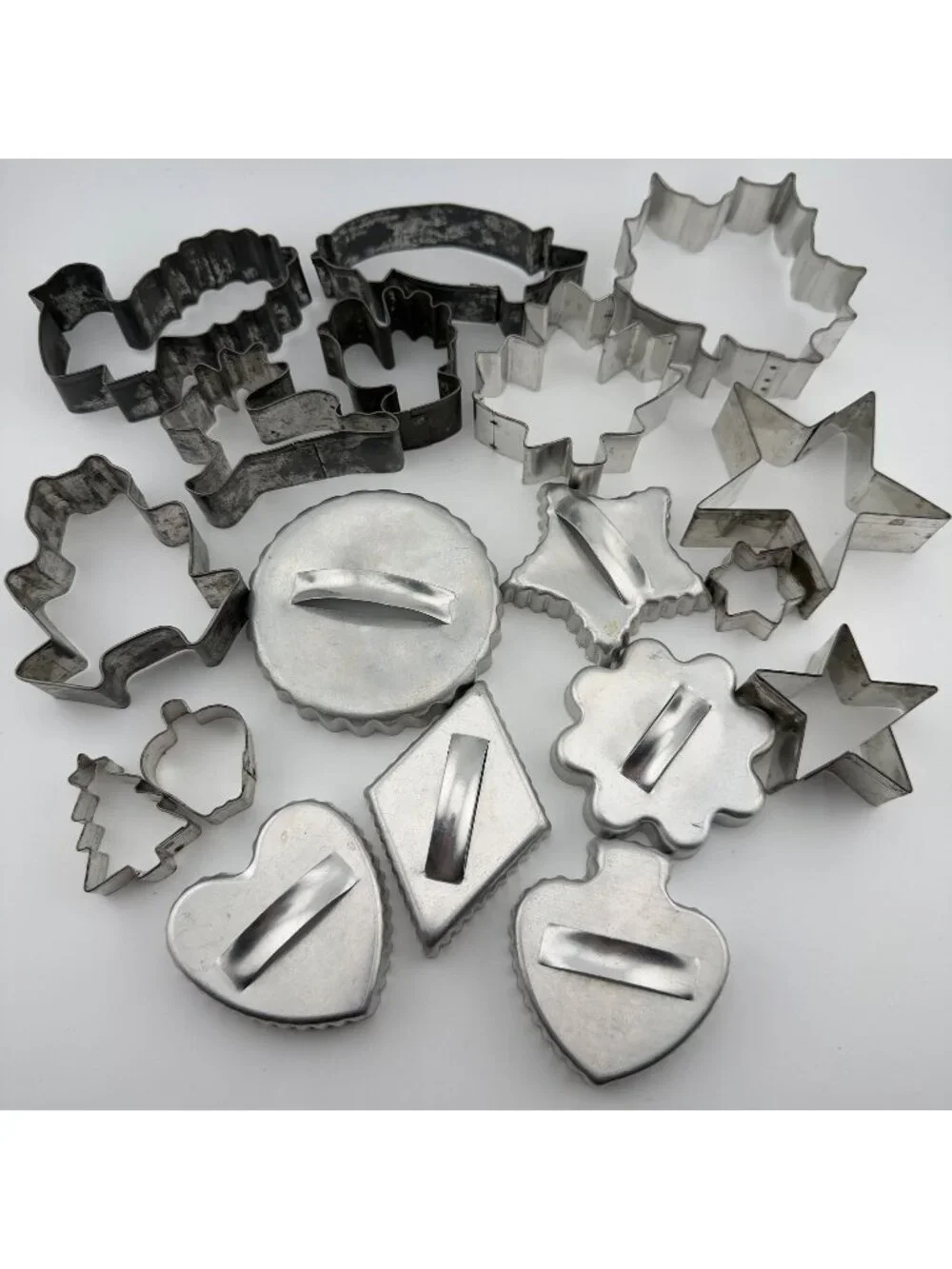 Vintage Aluminum Metal Cookie Cutters Lot of 18 Mix Holiday Handle Animals Heart